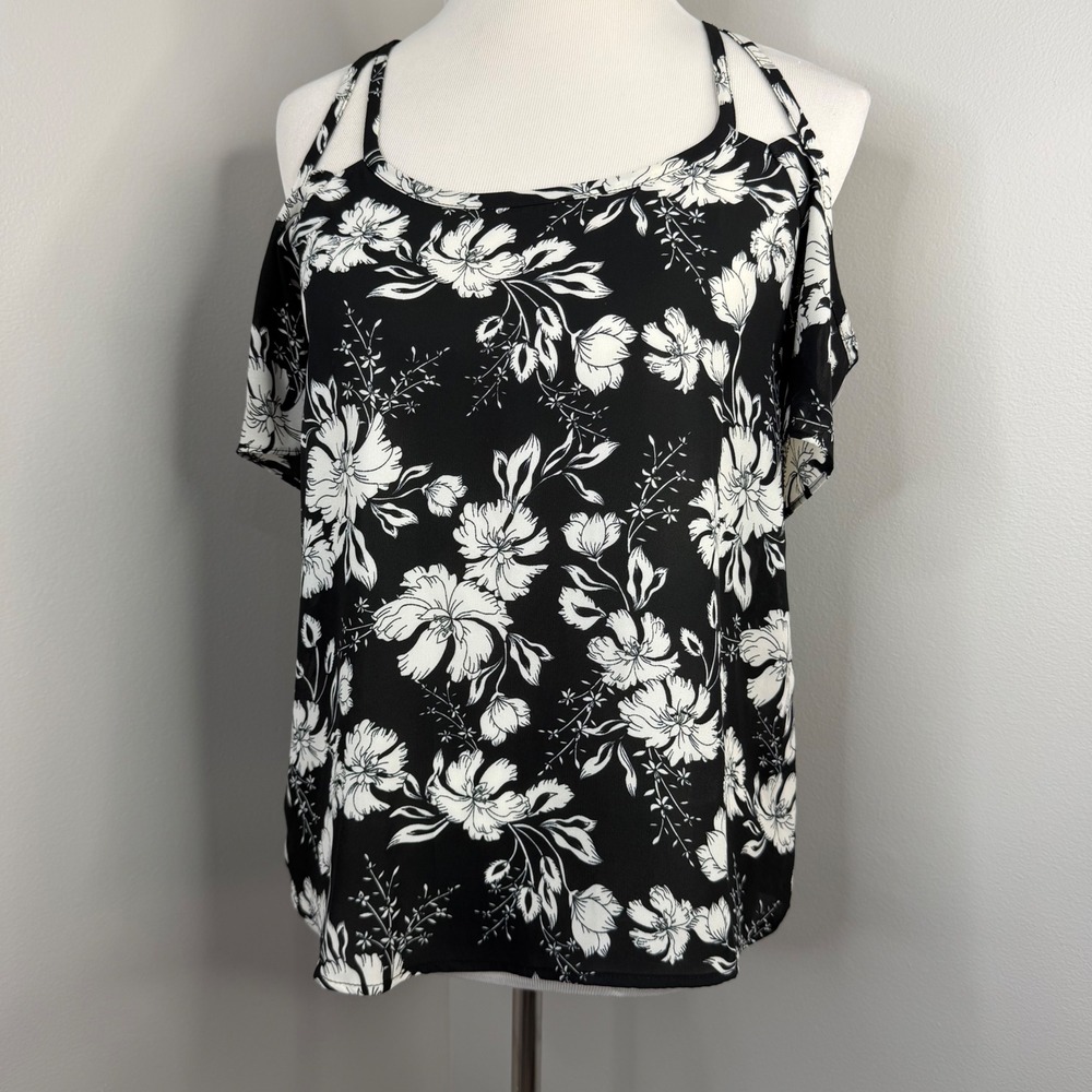 Pink Rose Vintage Womens Cold Shoulder Floral Top Black White Size M PS837804